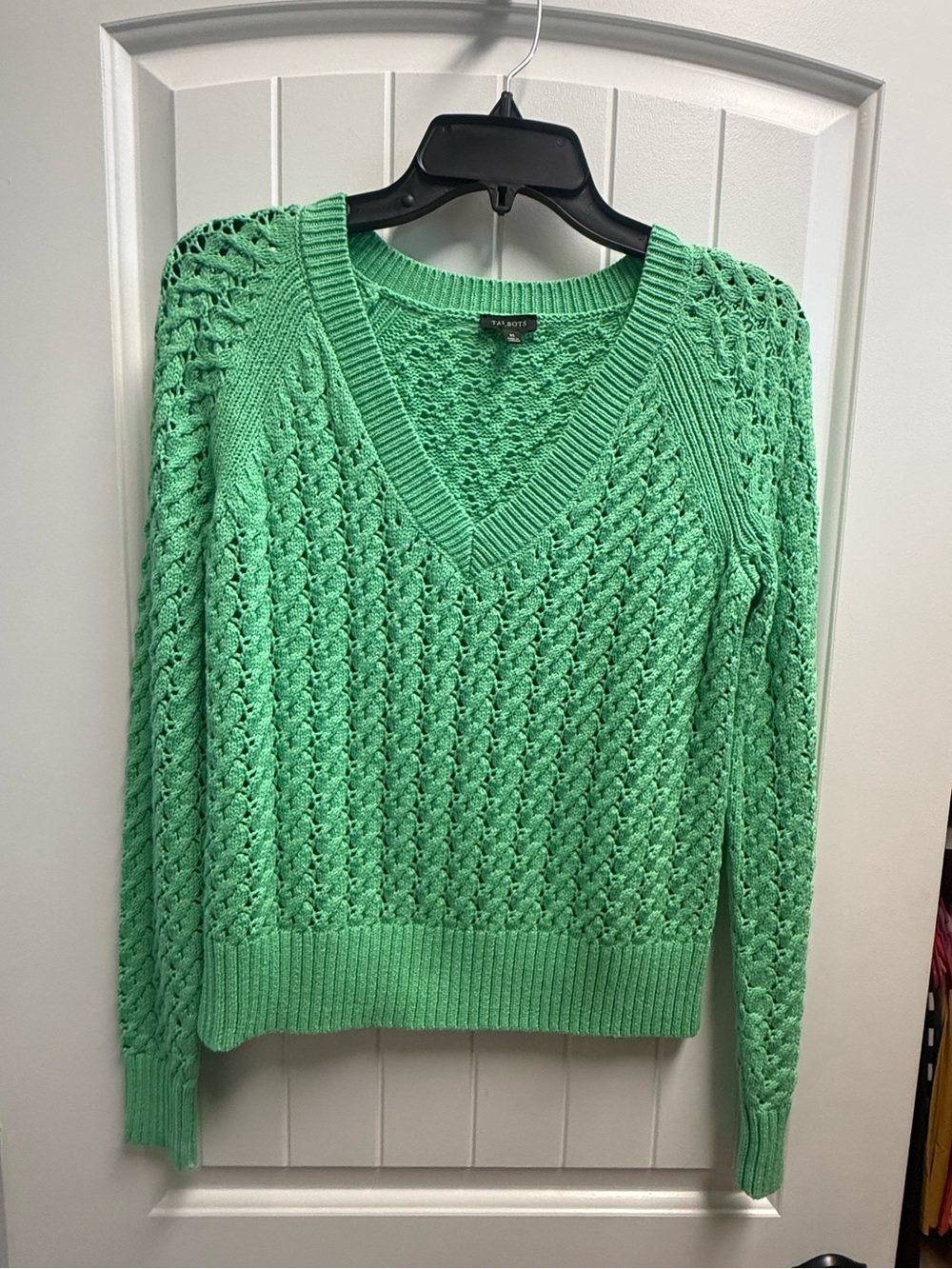 Talbots Green Cable Open Knit V-Neck 100% Cotton Sweater Women’s XS